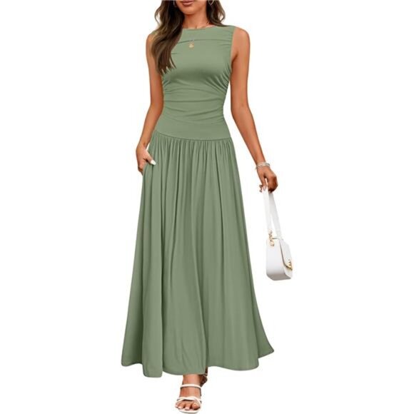 Women's Summer Sleeveless Maxi Dress 2025 Casual Crewneck Pleated Flowy